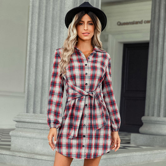 Tie-Up Waist Shirt Plaid Dress