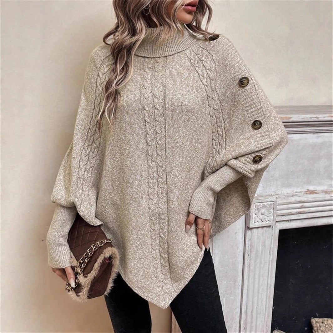 Turtleneck Batwing Shirt Long Sleeve Top with Decorative Buttons
