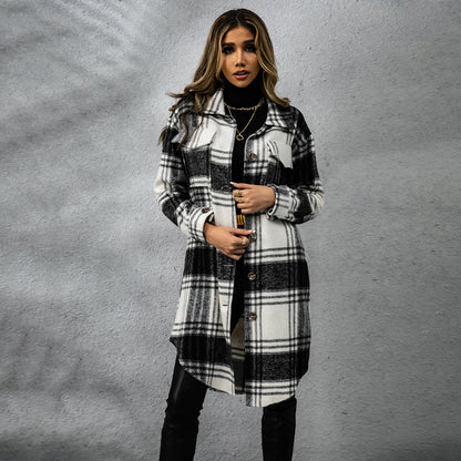 Plaid Wool Coat Single Row Button Long Winter Jacket