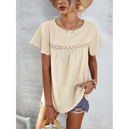 Short Sleeve Summer Top Blouse Solid Color Lace