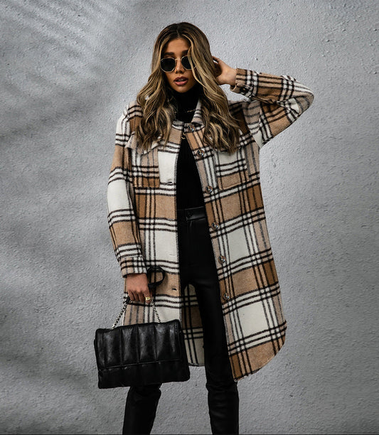 Plaid Wool Coat Single Row Button Long Winter Jacket