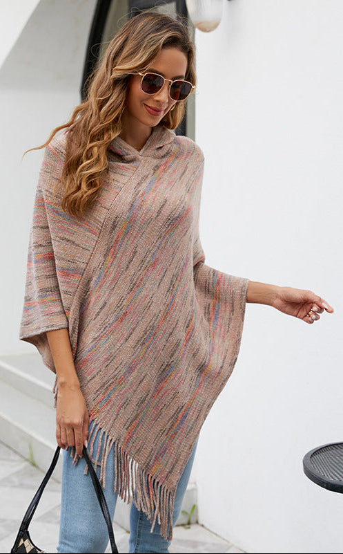 Hooded Striped Cape Tassel Shawl Poncho