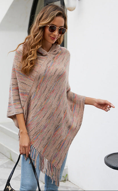 Hooded Striped Cape Tassel Shawl Poncho