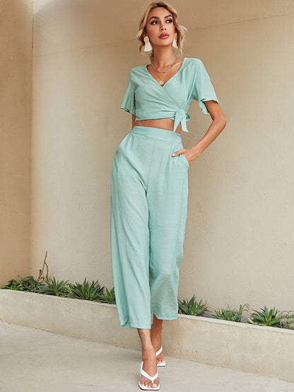 V-Neck Ruffle Sleeve Cropped Trouser Suit with Side Tie Detail