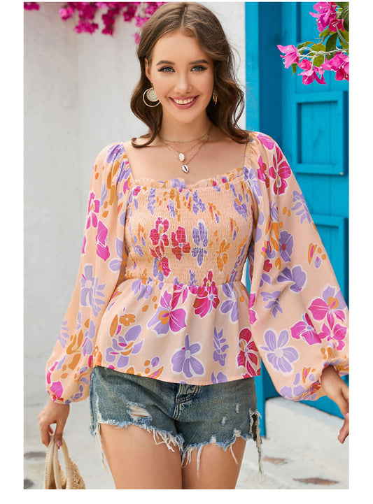 Long Sleeve Chiffon Shirt – Square Neck, Floral Print, Lantern Sleeves, Loose Fit Top