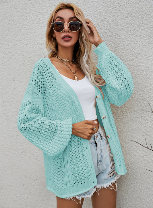 V-Neck Hollow Out Loose Fit Button Sweater