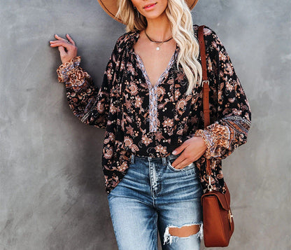 Printed V-Neck Lantern Sleeve Shirt Loose Long Sleeve Blouse