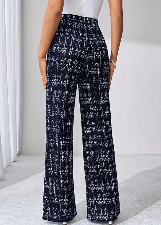 High Waist Woven Plaid Pants Straight Leg Trousers