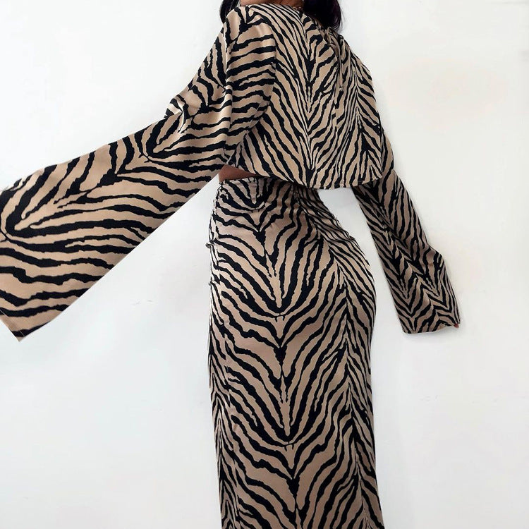 Zebra Striped Two-Piece Set Long Sleeve Cropped Top with Skirt