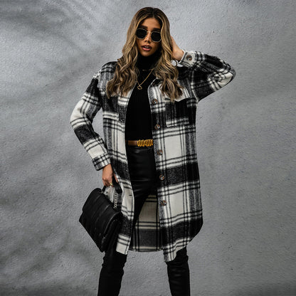 Plaid Wool Coat Single Row Button Long Winter Jacket