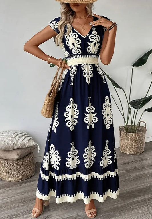 Maxi Dress for Women Casual V Neck Cap Sleeve
