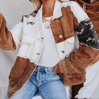Lapel Retro Camouflage Corduroy Jacket Zip-Up