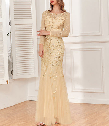 Long Sleeve Round Neck Dress with Back Zipper & Fishtail Skirt