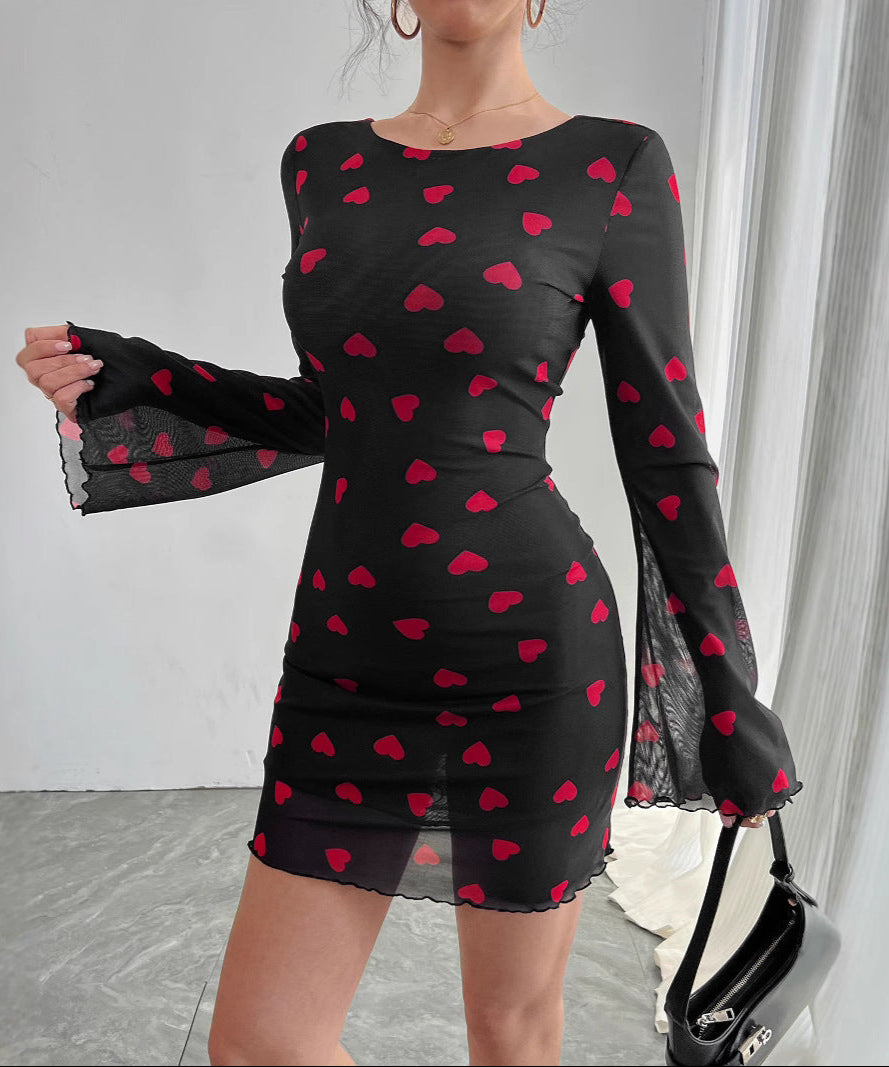 Heart Print Flare Sleeve Backless Mesh Dress