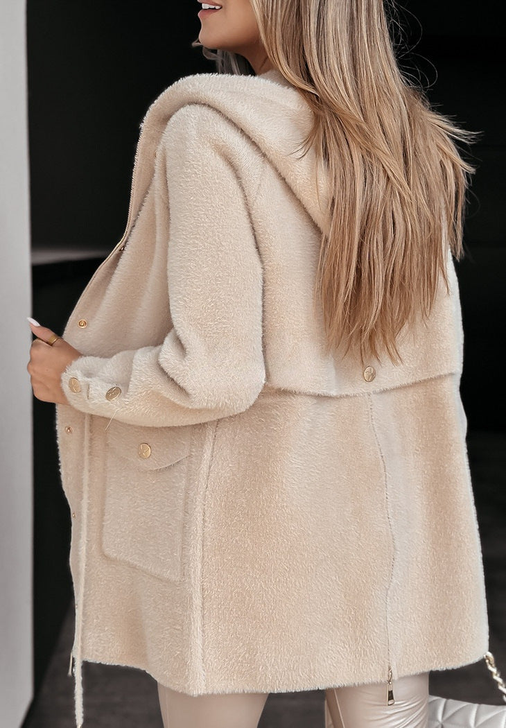 Hooded Zip-Up Drawstring Belt Coat