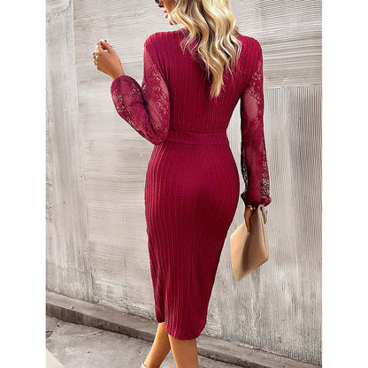 V-Neck Lace & Knitted Long-Sleeve Dress