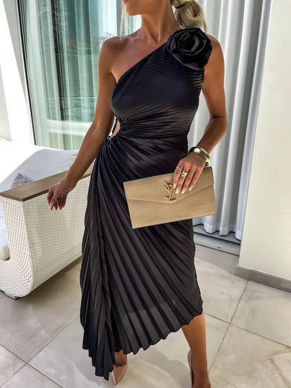 Pleated One-Shoulder Dress with Rose Flower Asymmetrical