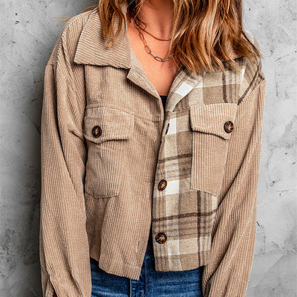 Plaid Corduroy Dropped Shoulder Jacket