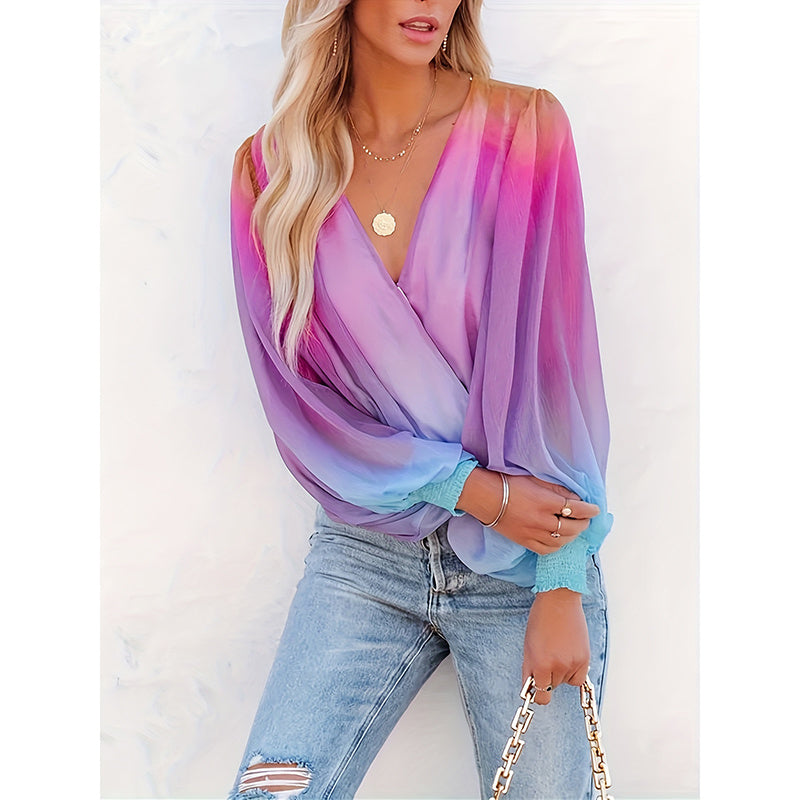 V-Neck Gradient Color Long Sleeve Blusa Loose Puff Sleeve Chiffon