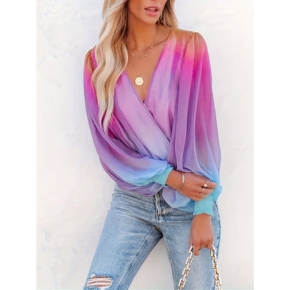 V-Neck Gradient Color Long Sleeve Blusa Loose Puff Sleeve Chiffon