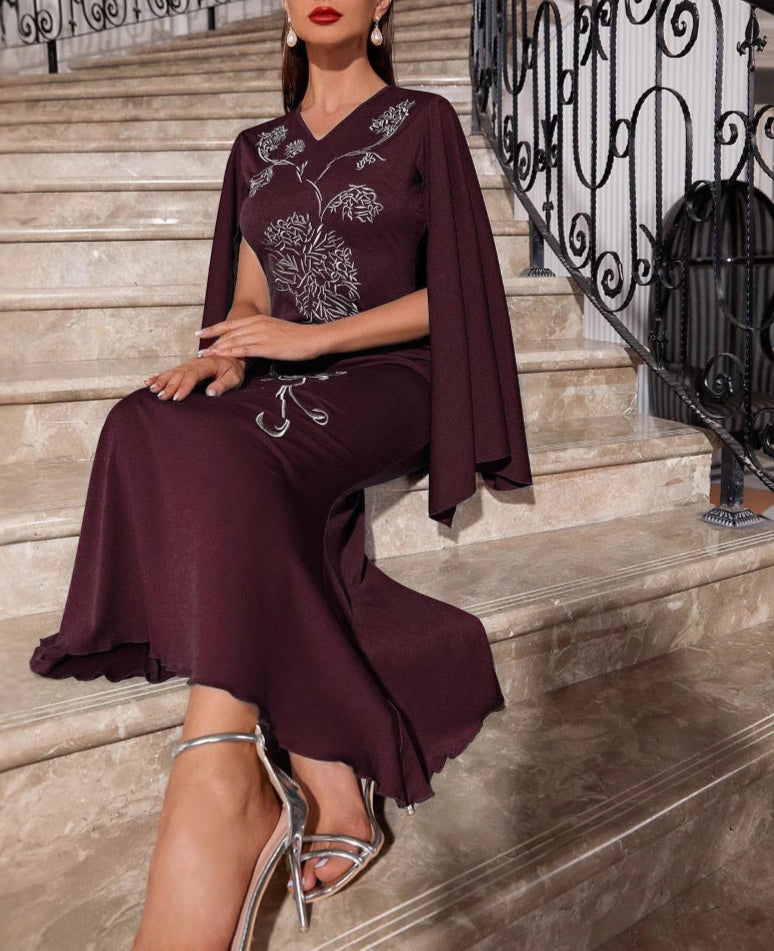 Embroidered Sheath Dress Bat Sleeve Elegant