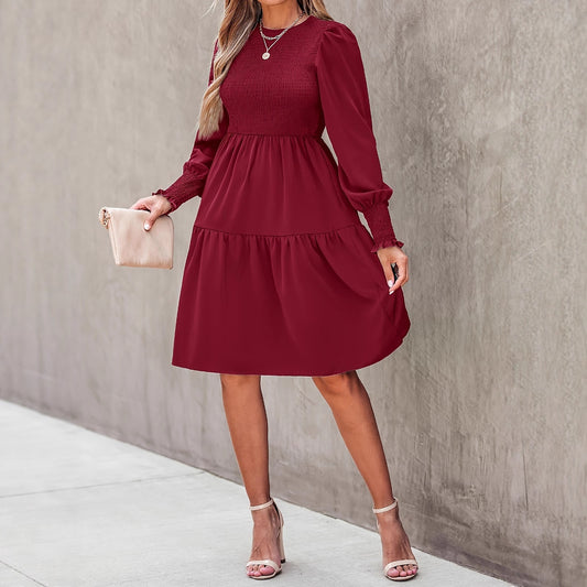 Ruffled Long Sleeve Dress Round Neck Lantern Sleeve Elegant Midi Dress