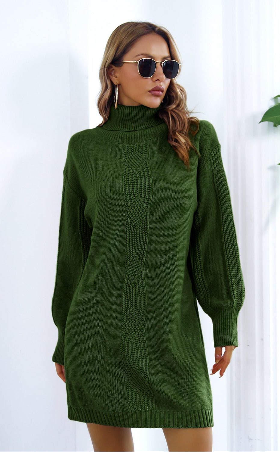 Turtleneck Sweater Dress Twist Knit Lantern Sleeve