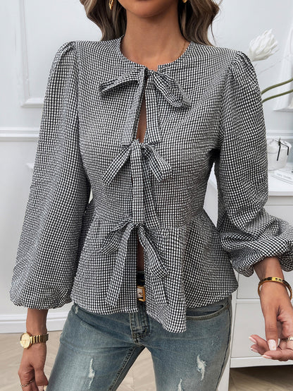 Elegant Contrast Color Tie Long Sleeve Shirt  Stylish Blouse