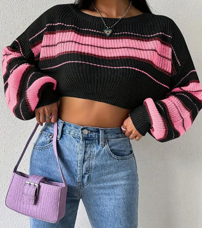 Block Striped Cropped Sweater Crew Neck Lantern Sleeve