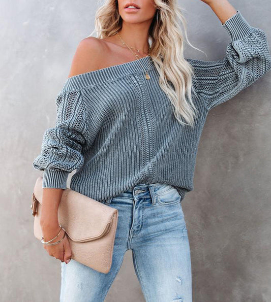 Solid Color V-Neck Sweater Loose Lantern Sleeve Long