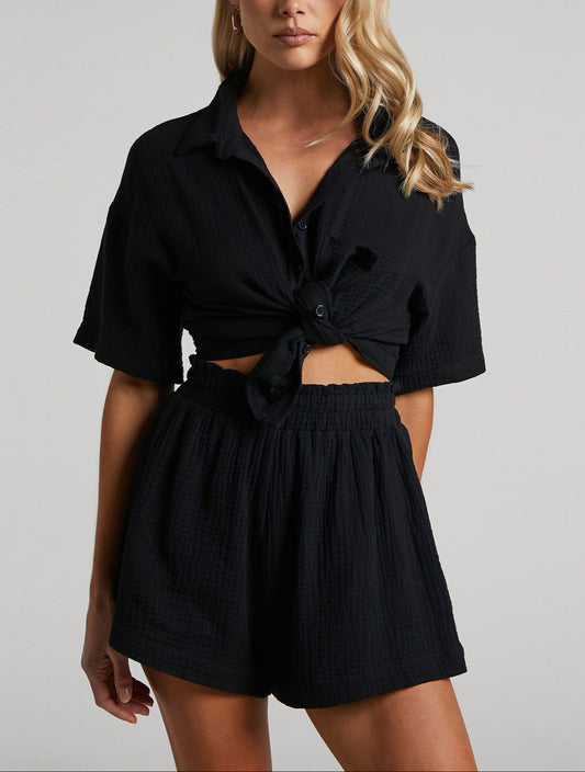 Casual Two-Piece Set – Loose Solid Color Shorts & Shirt Outfit