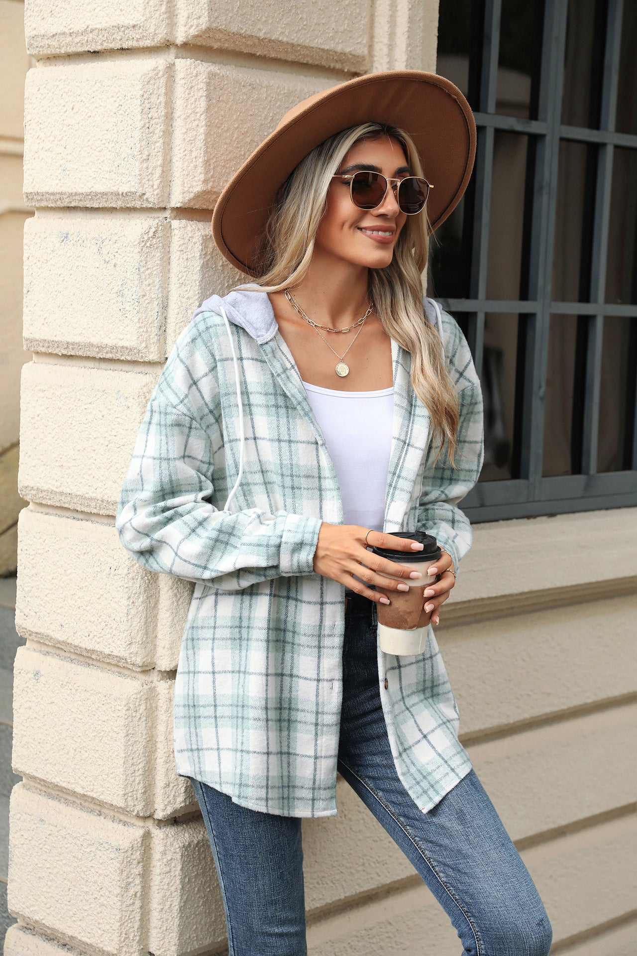 Hooded Multi-button Plaid Long Sleeve Loose Woolen Coat