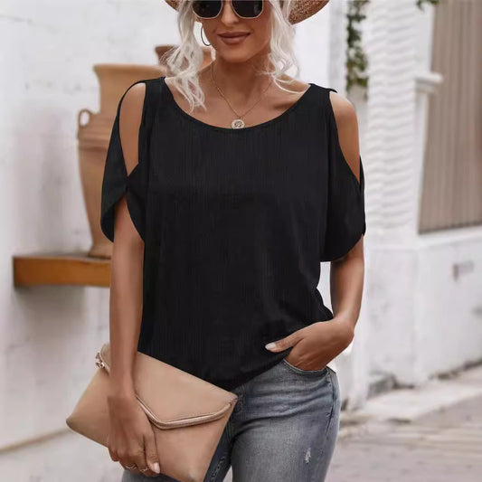 Round Neck Off-Shoulder Lace-Up Top