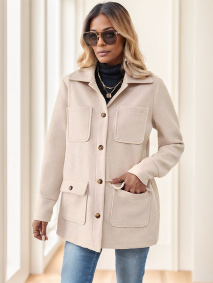 Solid Color Multi-Pocket Jacket Versatile Coat