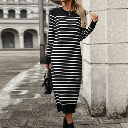 Slim Striped Printed Long Dress Autumn & Winter Long Sleeve