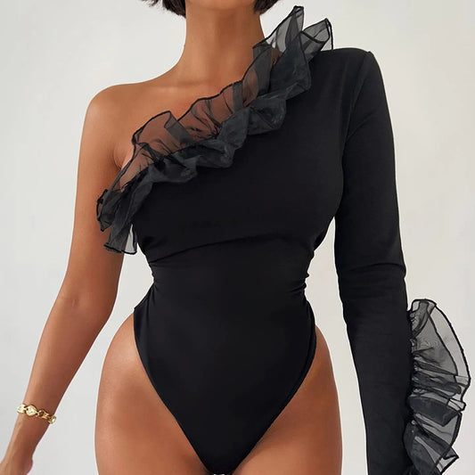 One-Shoulder Mesh Ruffle Bodysuit Slim Fit Slant