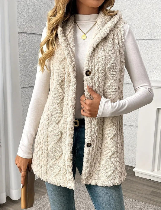 Double-Sided Plush Hooded Cardigan Button Front Casual