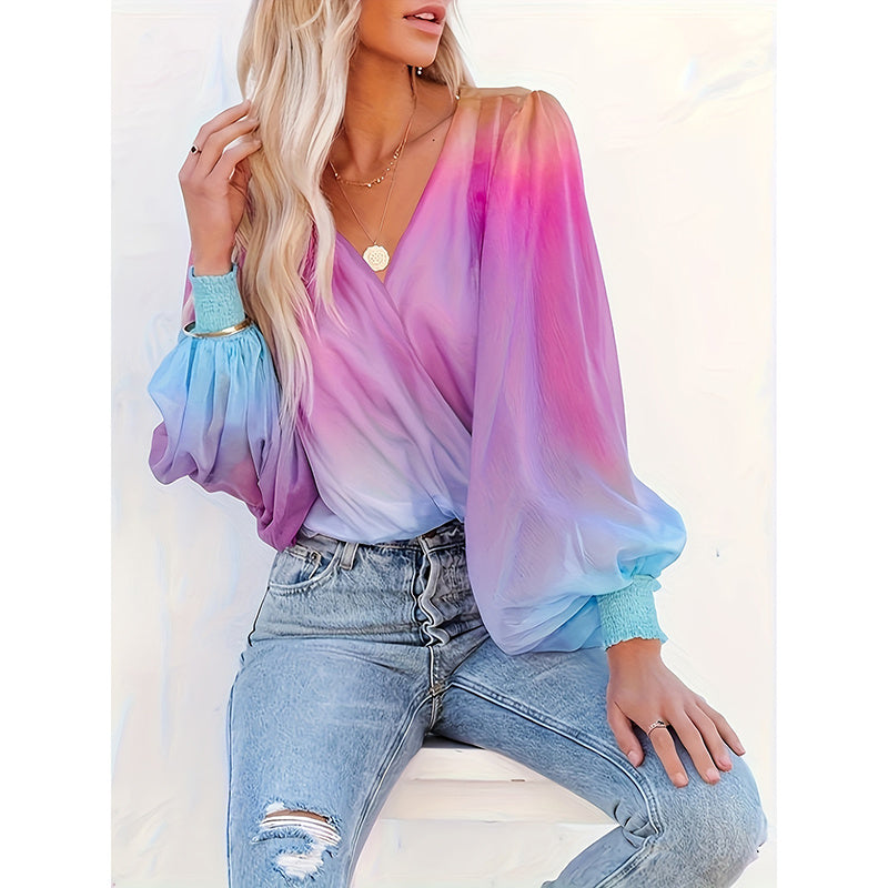 V-Neck Gradient Color Long Sleeve Blusa Loose Puff Sleeve Chiffon