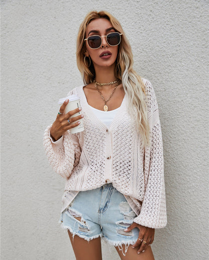 V-Neck Hollow Out Loose Fit Button Sweater