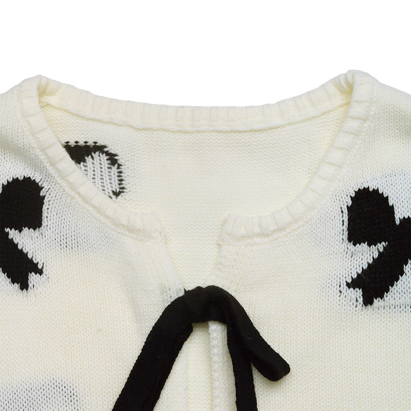 Lace-Up Cardigan Sweater Cute Bow Pattern