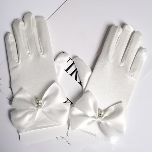 Satin Bow Princess Gloves with Dangling Beads