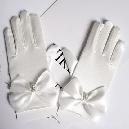 Satin Bow Princess Gloves with Dangling Beads