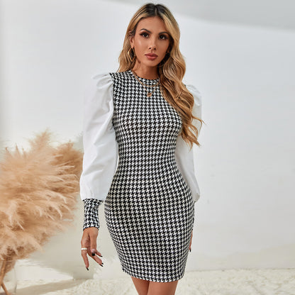 Elegant Plaid Dress Round Neck Long Sleeve