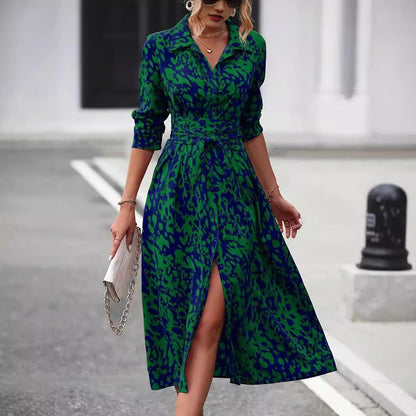 Button-Front Long Sleeve Dress Waist-Defined