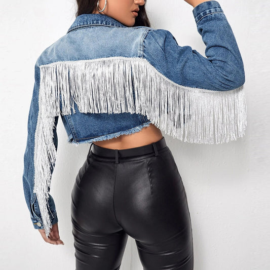 Fringe Detail Long Sleeve Cropped Denim Jacket