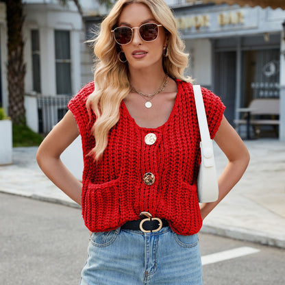 V-neck Three-button Sleeveless Cardigan