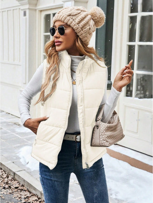 Puffer Vest Stand Collar Zipper Closure Padded Warm