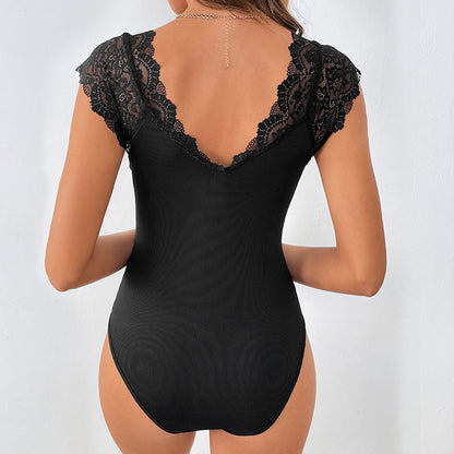 Slim Lace Stitching Bodysuit Large V-Neck Elegant