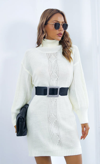 Turtleneck Sweater Dress Twist Knit Lantern Sleeve
