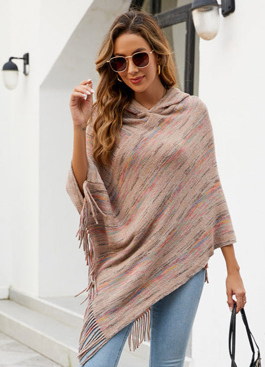 Hooded Striped Cape Tassel Shawl Poncho